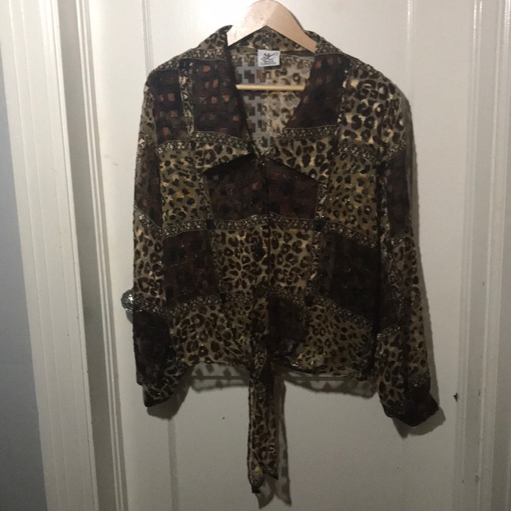 Maggie Lawrence Wide Collar Tie Waist Vintage Leopard Long Sleeve Blouse